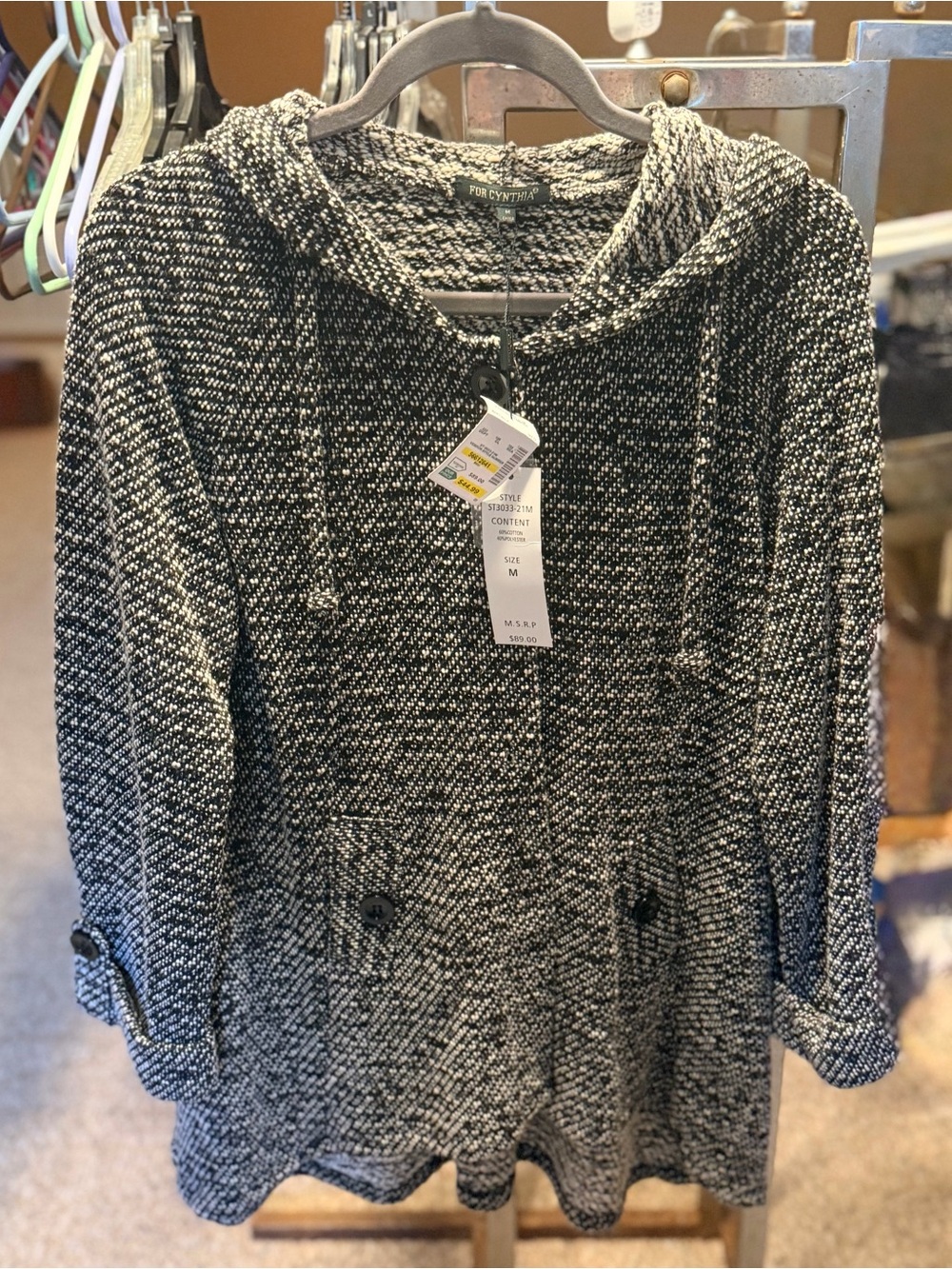 For Cynthia Black & White Hooded Knit Swing Style Medium Weight Sweater